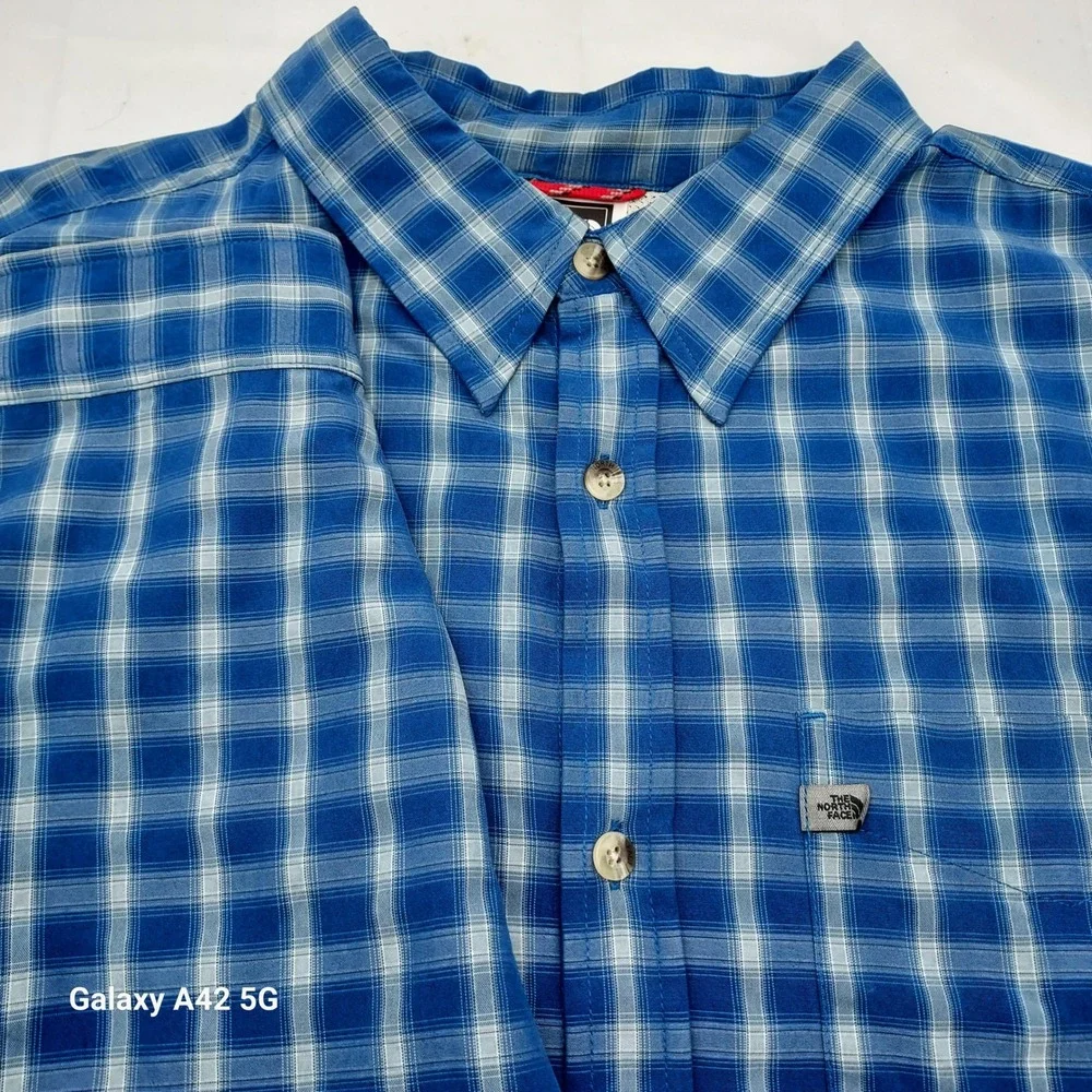 The North Face Mens‎ XXL Blue Plaid Short Sleeve Button Up Shirt Modal Blend